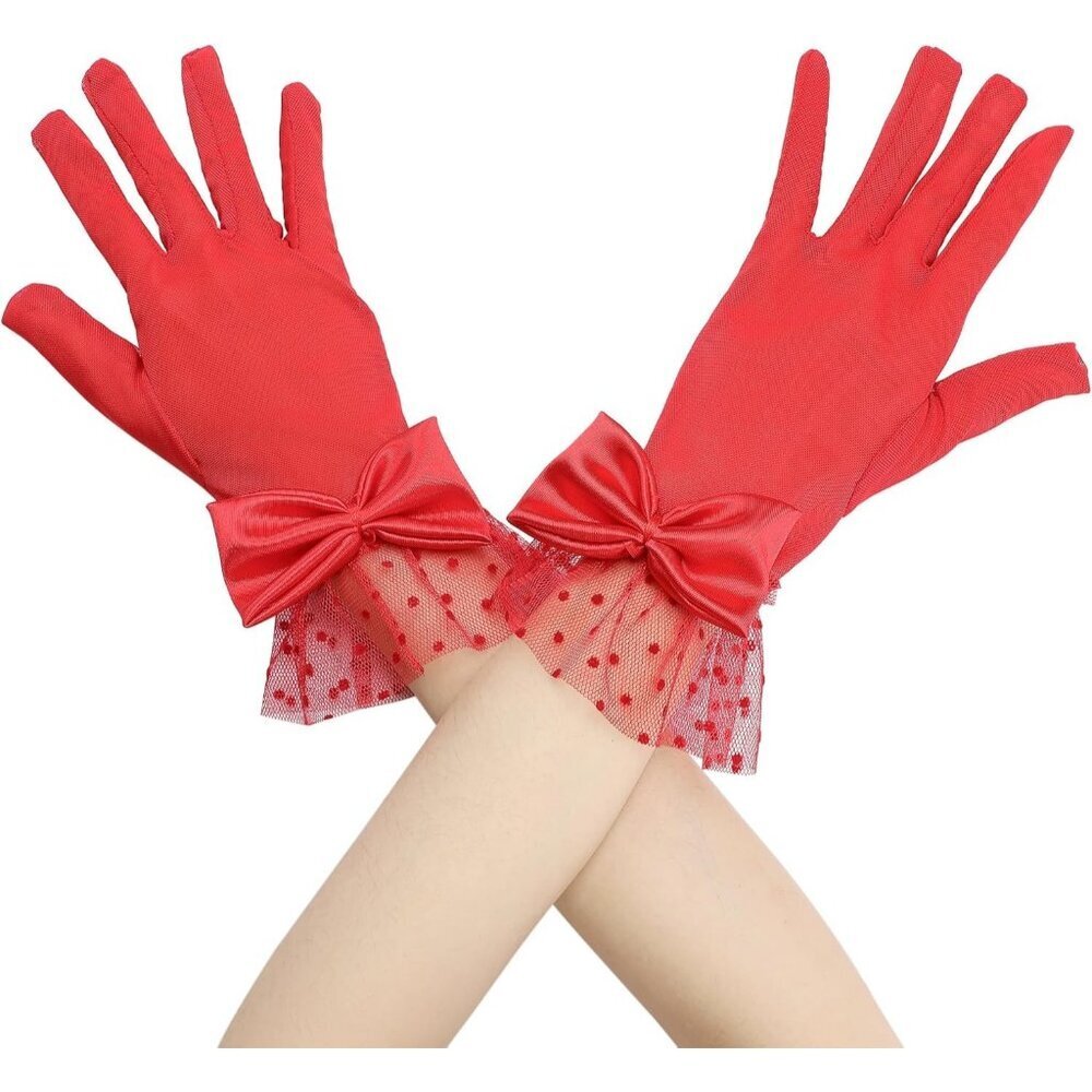 Women's Short Red Lace Bow  Polka Dots Gloves Mesh Wedding Tea Party Prom